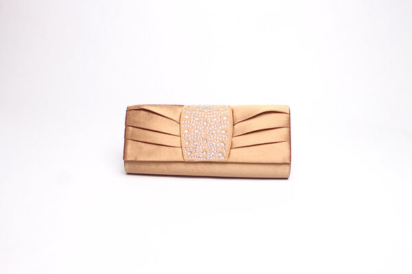 Folded Fabric Rhinestone Clutch/ Beige